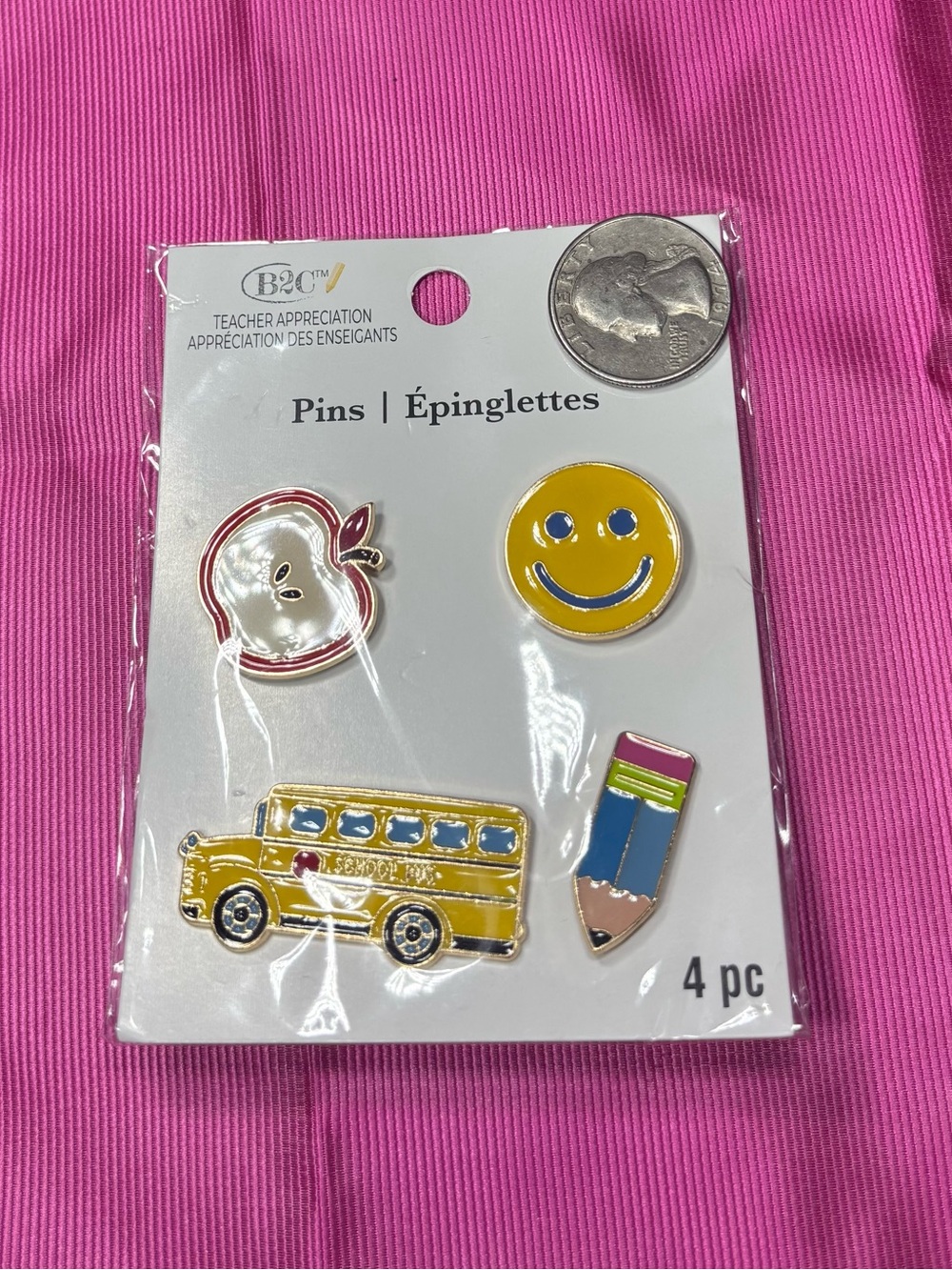 4 New Teacher Appreciation Kids Pins – Yellow School Bus, Smiley, Apple & Pencil